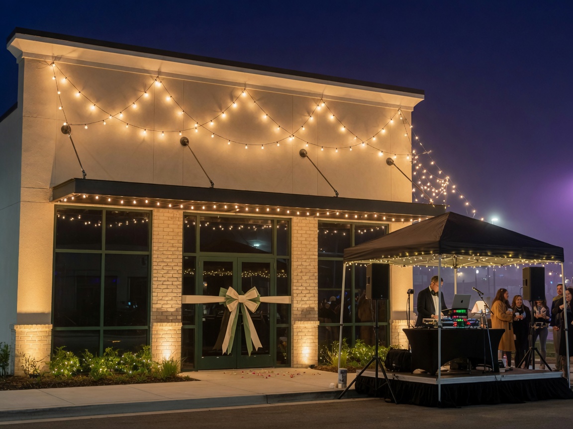 Grand opening lighting and sound at dusk